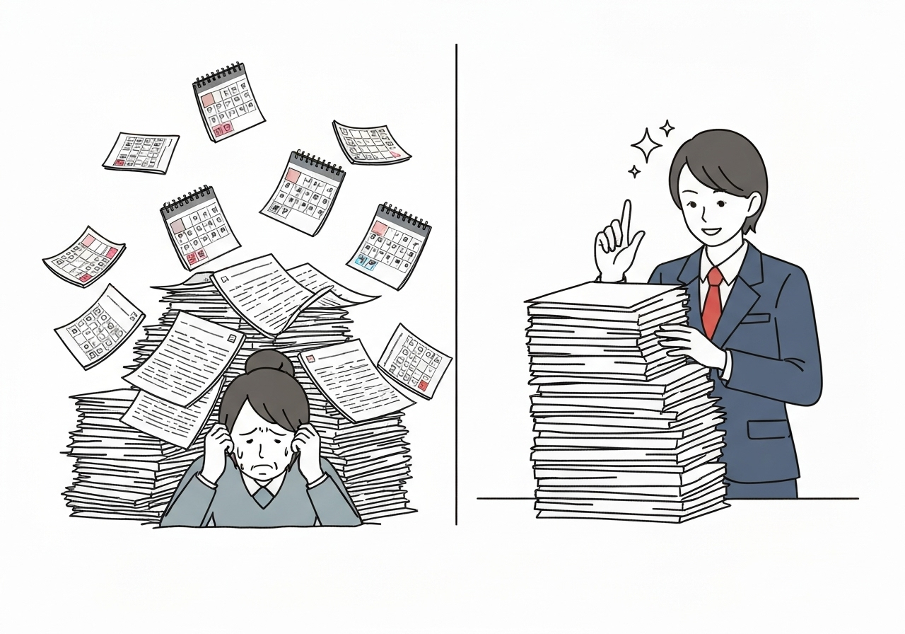 相続手続きの複雑さに圧倒される人と、それを整理してサポートする司法書士を描いたイラスト。