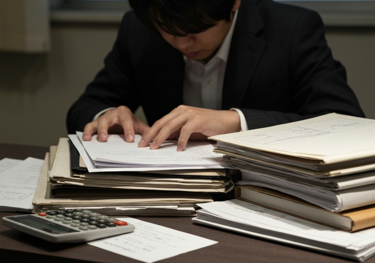 山積みになった相続手続きの書類を前に、頭を抱える人物。手続きの煩雑さを示している。