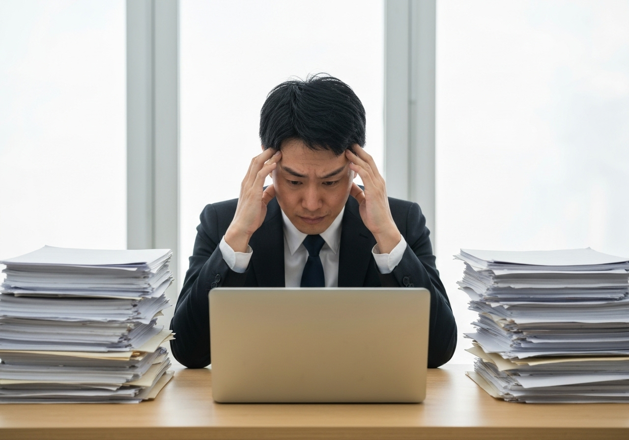 会社設立の複雑な書類作成に頭を悩ませ、本業の準備が滞っている起業家。