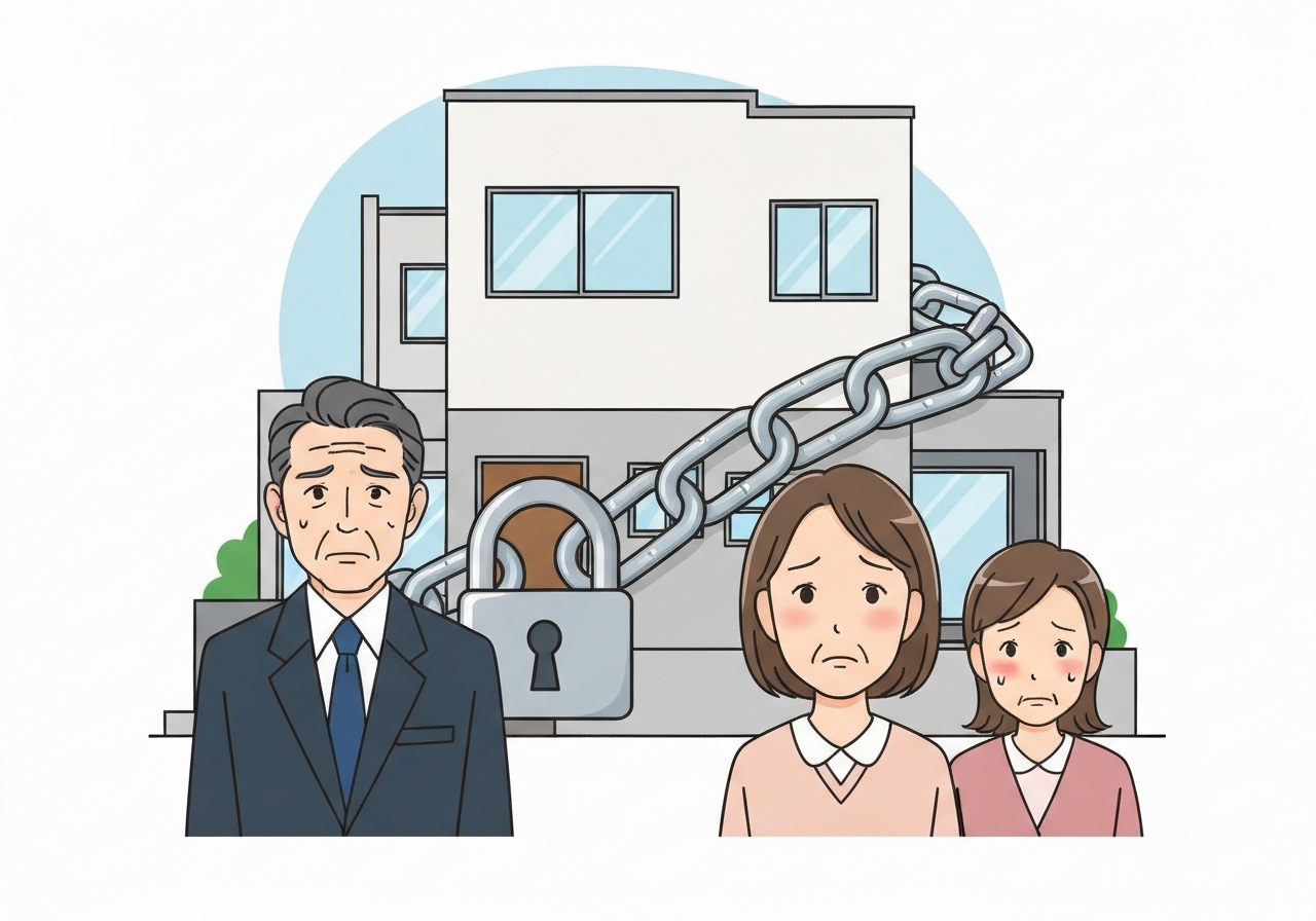 鎖と南京錠で閉ざされた実家のイラスト。資産が塩漬けになり、売却も活用もできず困っている家族の様子。