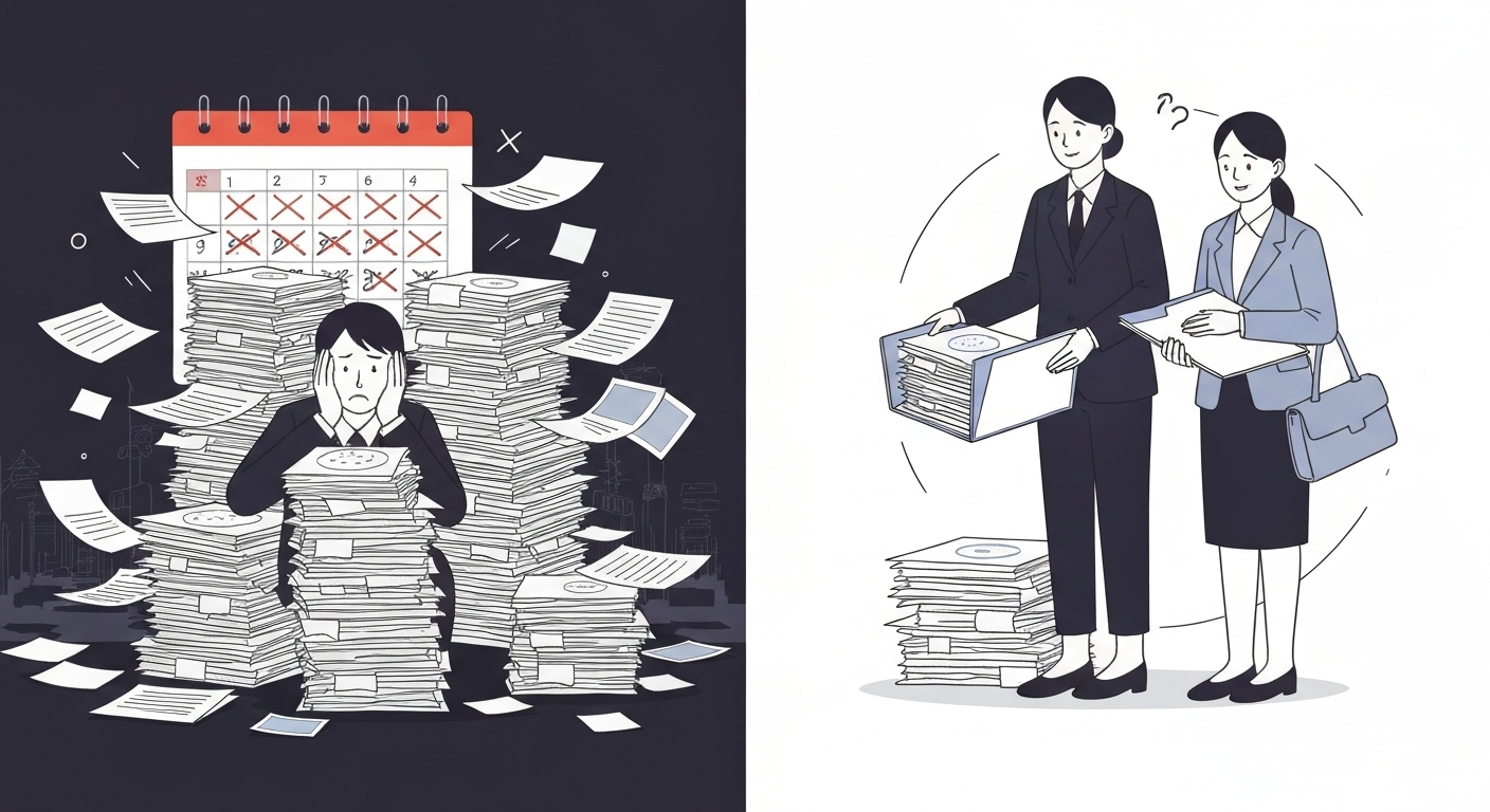 司法書士に戸籍謄本取得を依頼するメリット。自分でやって大変な思いをする様子と、専門家に任せて安心する様子の比較イラスト。