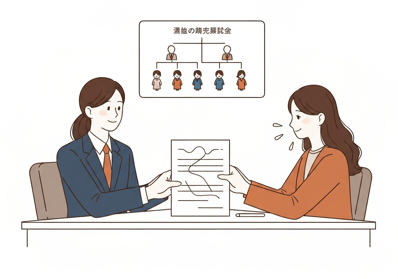 司法書士が複雑な相続登記手続きを完了させ、安心した依頼者に書類を渡している様子を描いたイラスト。