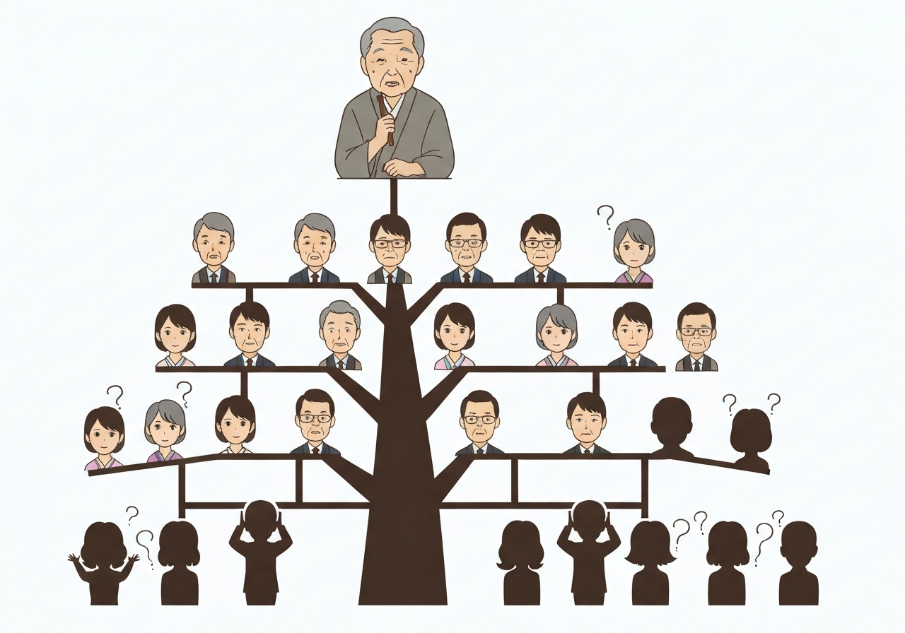 時間が経つにつれて相続人が増え、複雑化していく数次相続の様子を表した家系図のイラスト