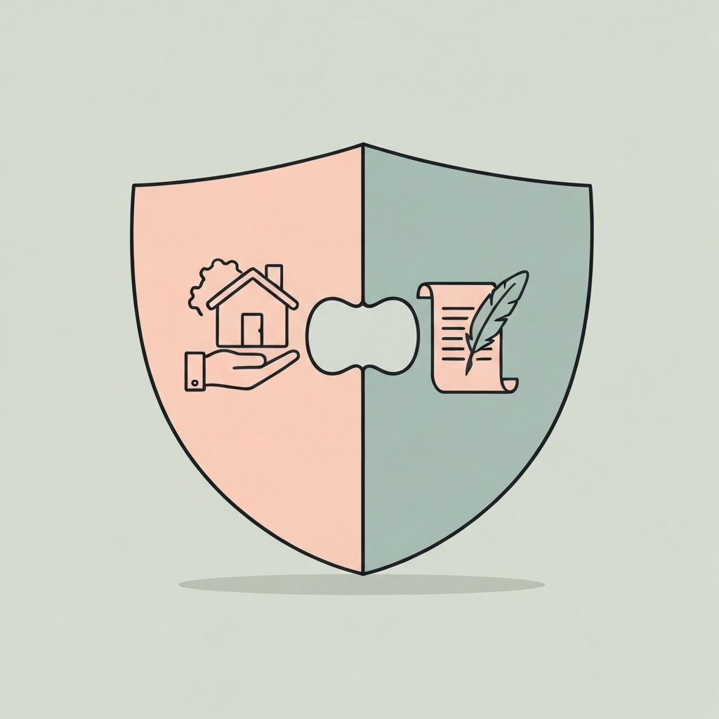 家族信託と遺言を表すパズルのピースが組み合わさり、家族の資産を守る盾を形成しているイラスト。