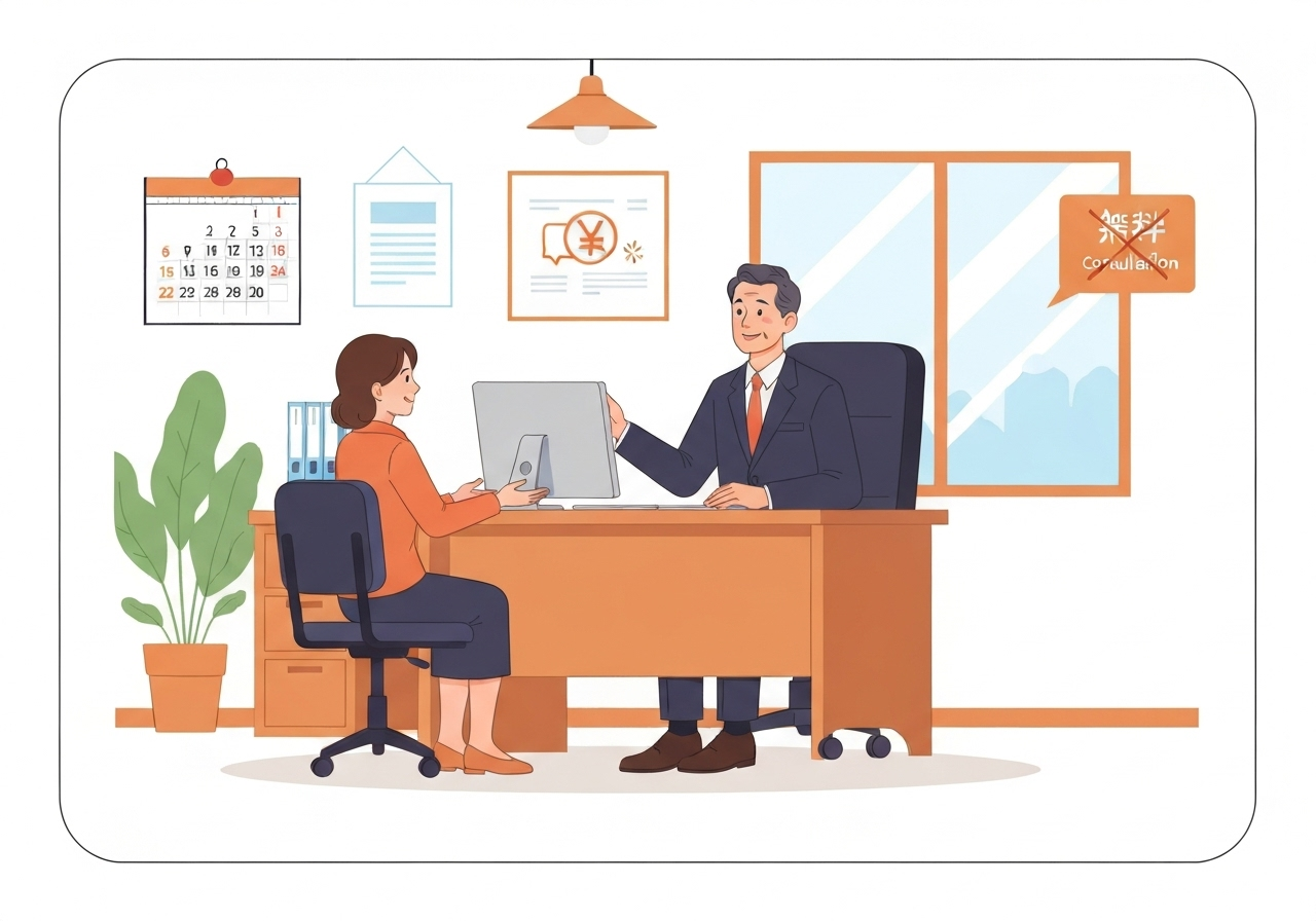 小川直孝司法書士事務所の無料相談のイメージ。司法書士が相談者に親身に対応しており、土日祝・夜間対応であることが示唆されている。