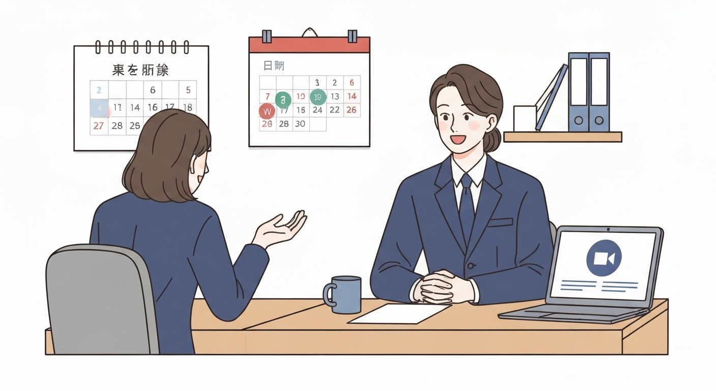 平日夜間や土日祝、オンラインでも相談可能な司法書士事務所の親しみやすい雰囲気を描いたイラスト。