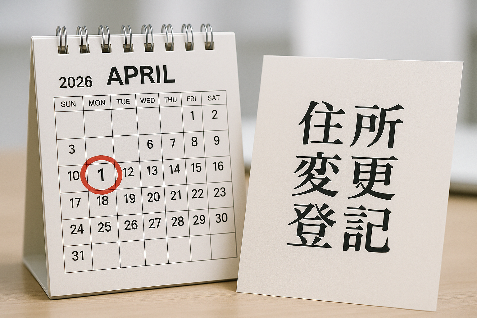 2026年4月1日が赤丸で囲まれたカレンダーと「住所変更登記」と書かれた書類。住所変更登記の義務化を象徴している。