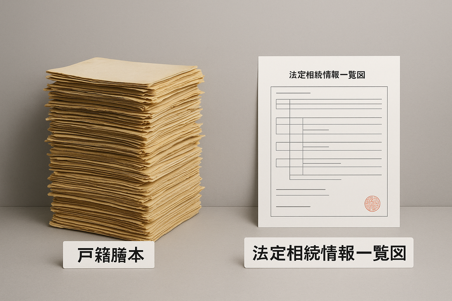 分厚い戸籍謄本の束と、1枚の法定相続情報一覧図の写しを並べて比較し、手続きが簡略化されるイメージを表現した画像。