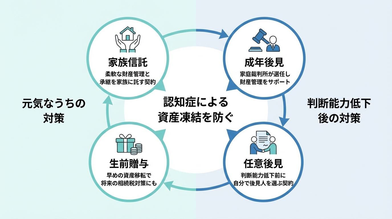 認知症対策の4つの主要制度(家族信託・任意後見・成年後見・生前贈与)の全体像を示す図解。各制度の関係性が一目でわかります。