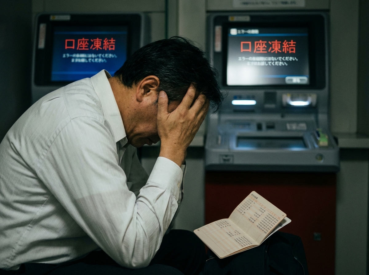 銀行口座の凍結という問題に直面し、頭を抱える家族の姿。認知症対策を怠った場合のリスクを象徴しています。