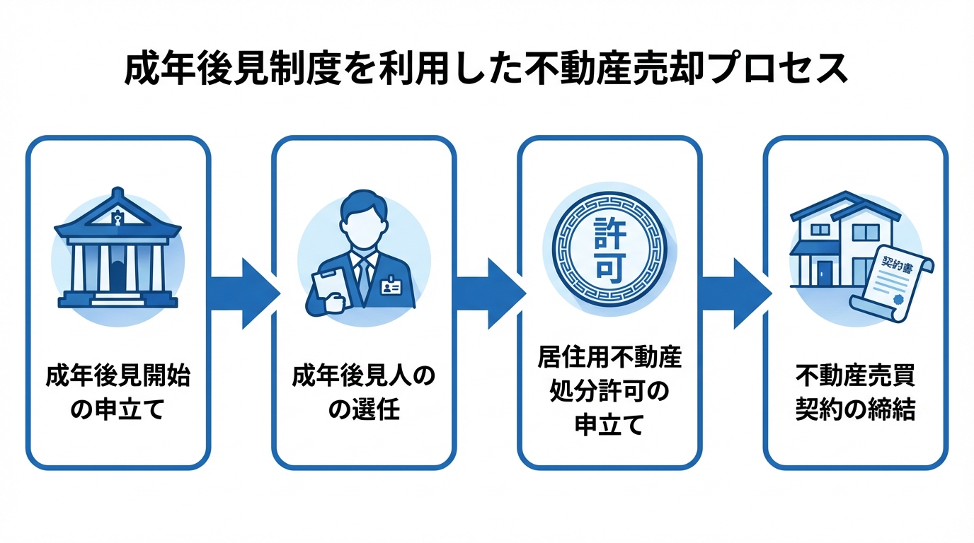 成年後見制度を利用した不動産売却の4つのステップを示すフローチャート。申立て、後見人選任、処分許可、売買契約の流れを図解しています。