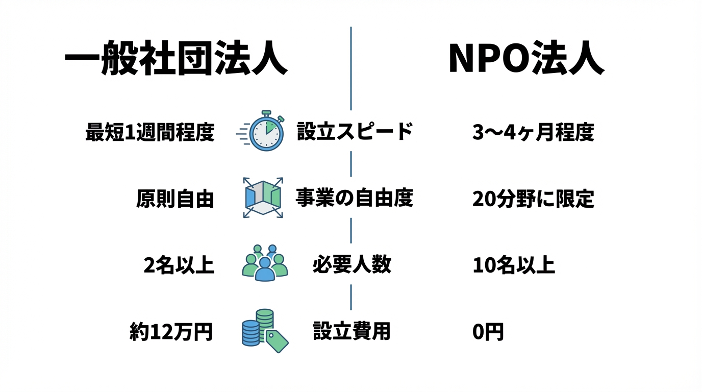 一般社団法人とNPO法人の違いを比較した図解。設立スピード、事業の自由度、必要人数、設立費用の4項目で両者のメリット・デメリットを分かりやすく示している。