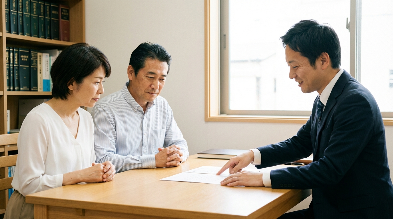 司法書士が一般社団法人の設立について相談者へ丁寧に説明している様子。設立後の運営に関する注意点など、専門家への相談の重要性を示唆している。
